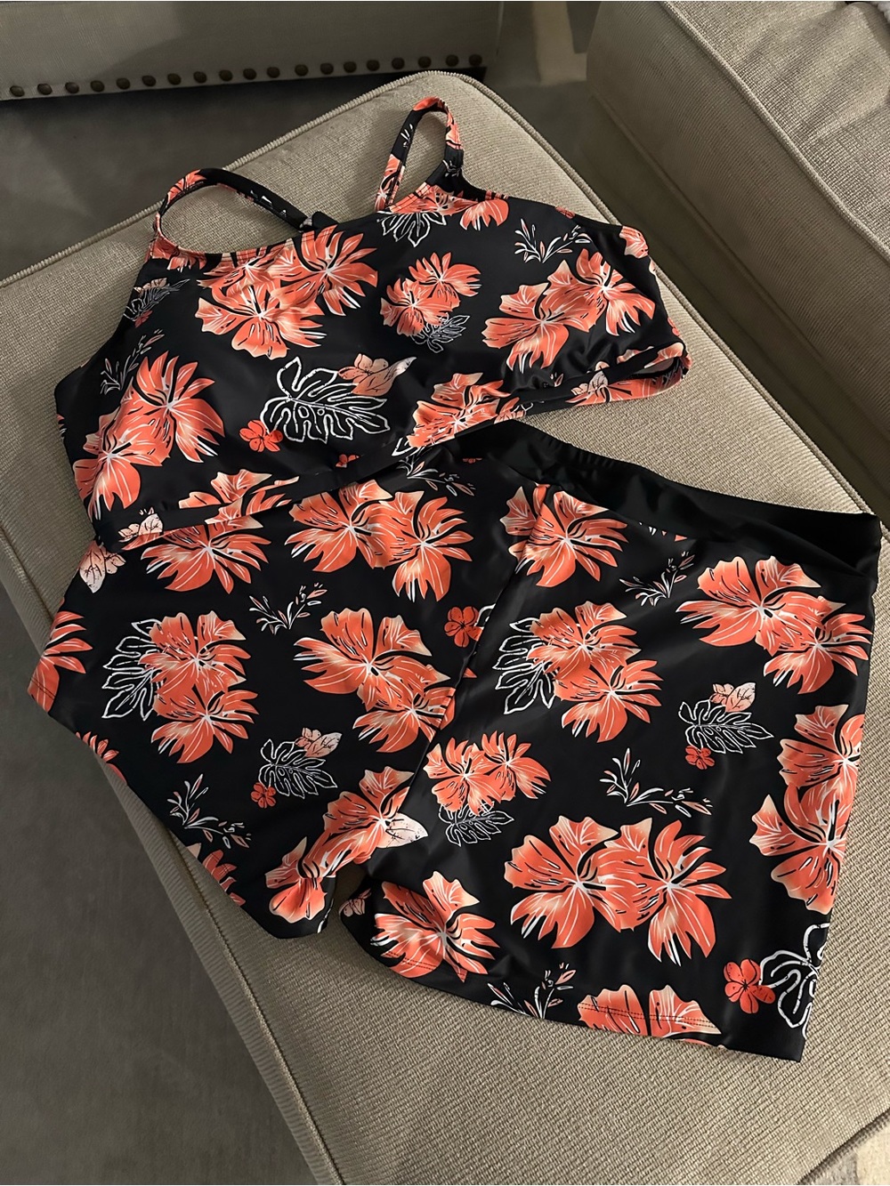 Floral High-Waist Bikini Set in Black with Coral Flowers